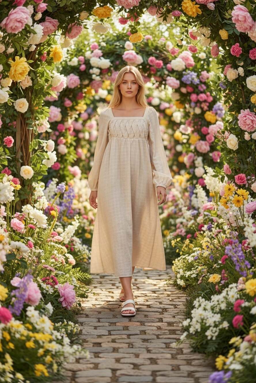 Listicle Cream Maxi Dress with Smocked Bodice
